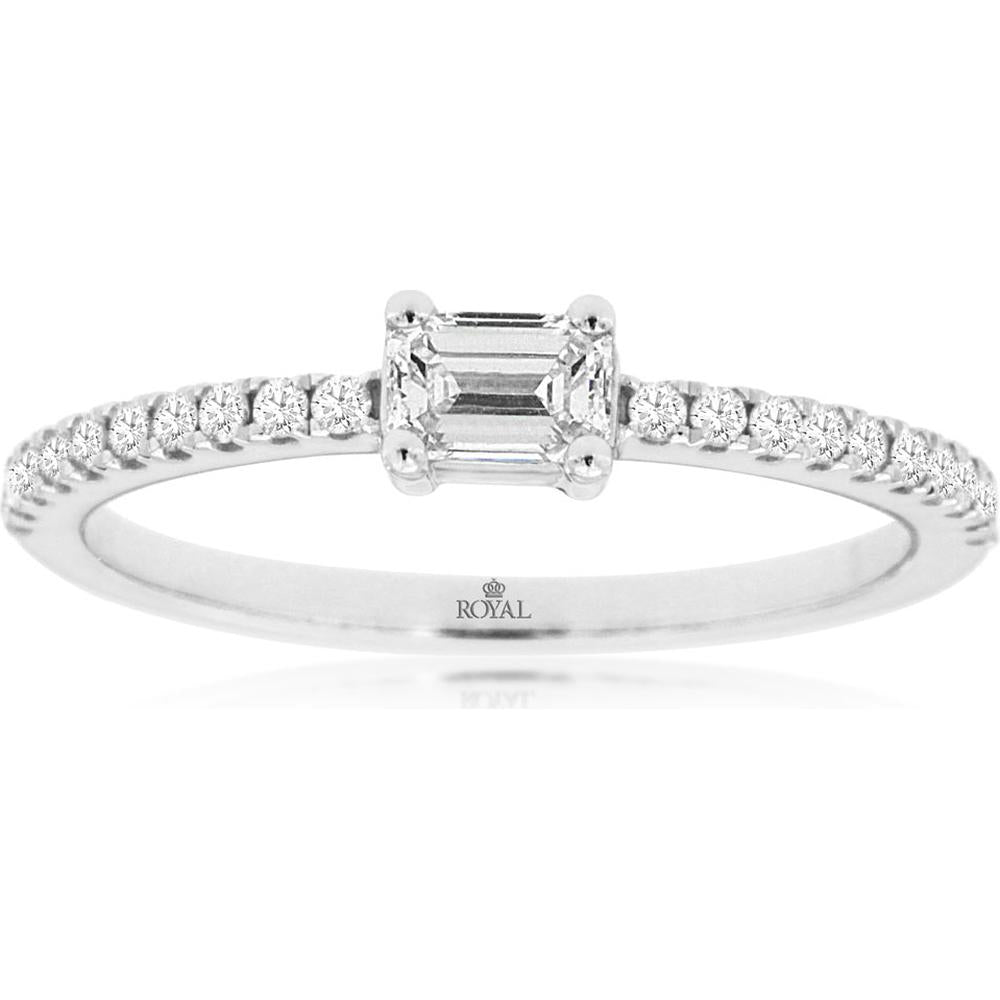 14K White Gold Emerald Cut Diamond Engagement Ring with Diamond-Set Band - 0.42 Carats Total Diamond Weight