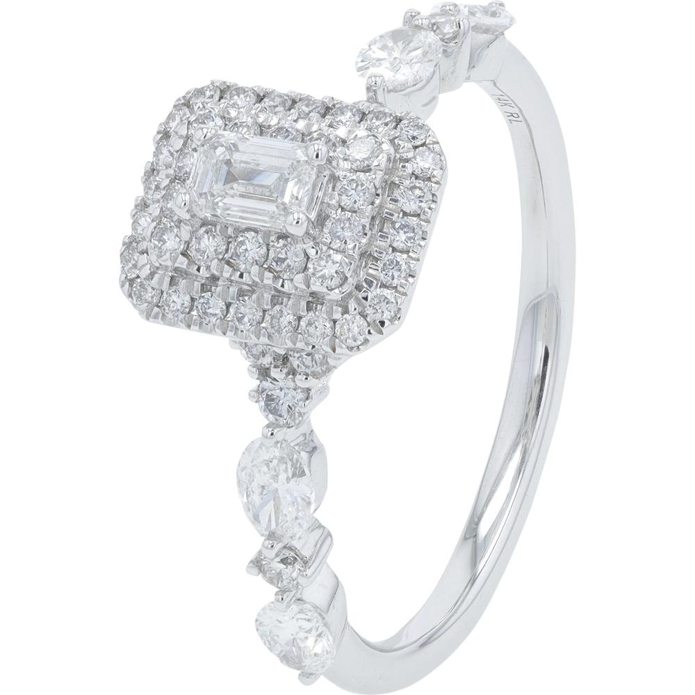 14K White Gold Emerald Cut Diamond Engagement Ring with Double Halo of Round Diamonds - 0.75 Carat Total Diamond Weight