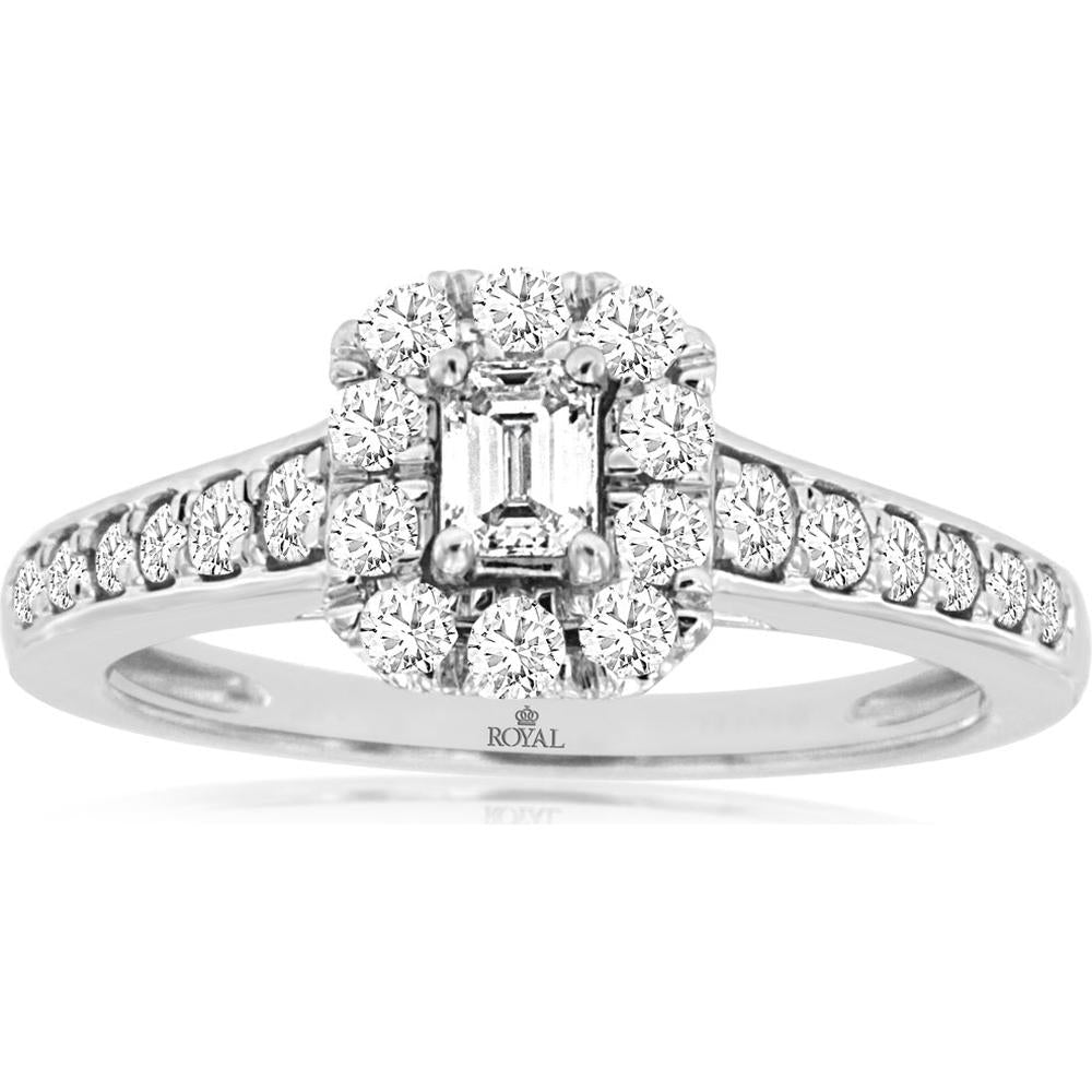 14K White Gold Emerald Cut Diamond Engagement Ring with Round Diamond Halo and Channel Set Band - 0.70 Carat Total Diamond Weight - Royal Jewelry