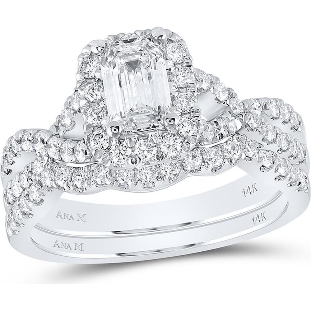 14K White Gold Emerald Cut Diamond Halo Bridal Wedding Ring Set - 1.52 Carat Total Diamond Weight