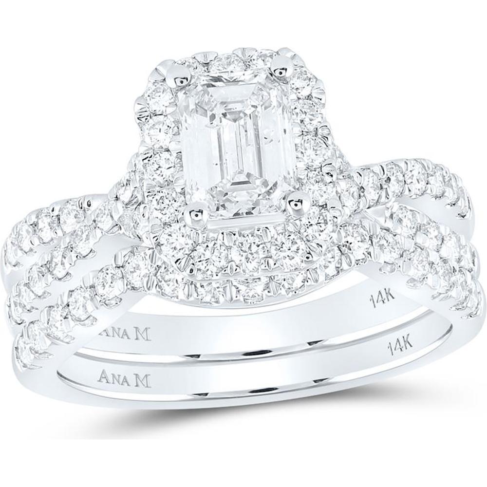 14K White Gold Emerald-Cut Diamond Halo Bridal Wedding Ring Set with Intertwined Diamond Bands and Blue Sapphire Accent - 2.00 Carat Total Diamond Weight (Certified)