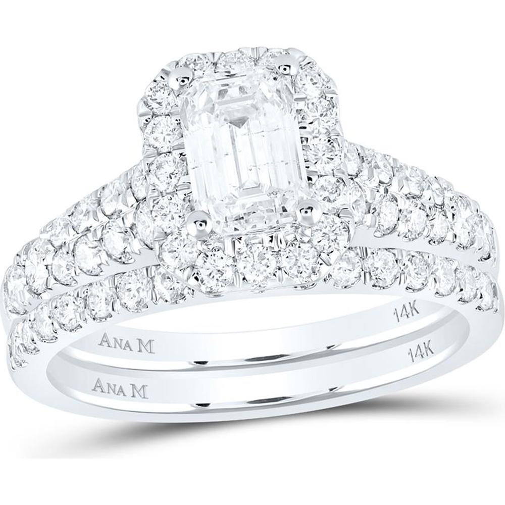 14K White Gold Emerald-Cut Diamond Halo Bridal Wedding Ring Set with Round Brilliant Diamonds and Blue Sapphire - 2 Carat Total Gemstone Weight