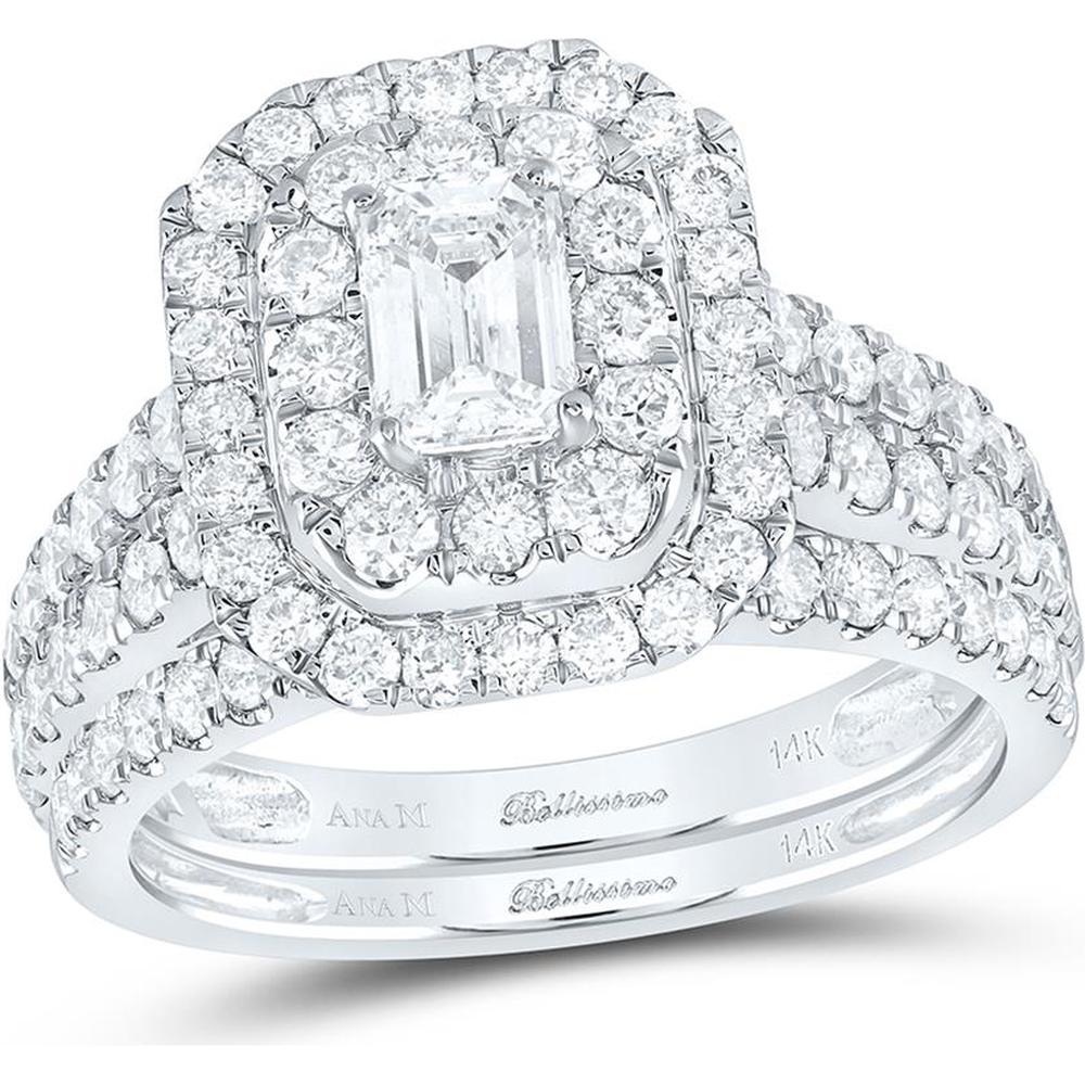 14K White Gold Emerald Cut Diamond Halo Bridal Wedding Ring Set with Round Diamonds and Blue Sapphire - 2 Carat Total Weight