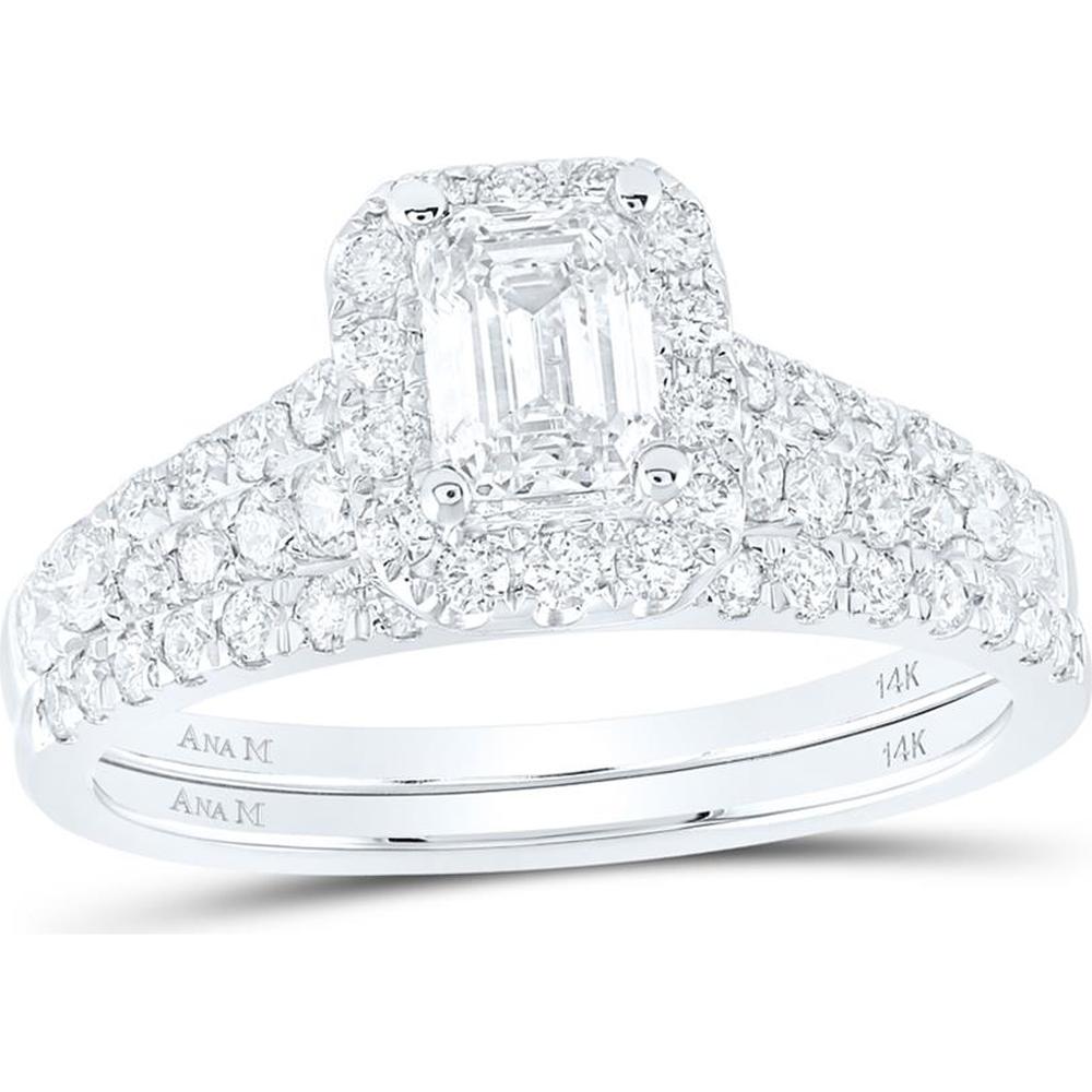 14K White Gold Emerald Cut Diamond Halo Bridal Wedding Ring Set with Round Diamonds and Sapphire Accent - 1.50 Carat Total Diamond Weight
