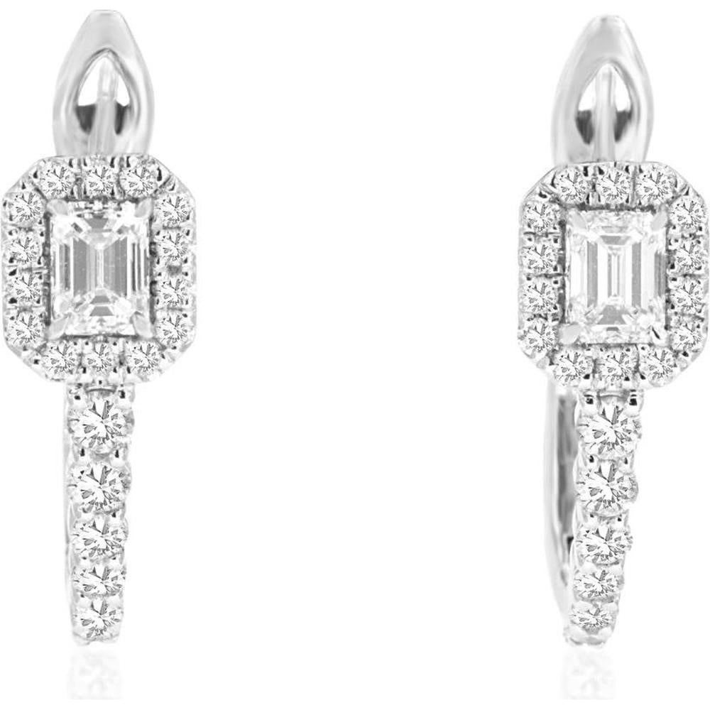 14K White Gold Emerald Cut Diamond Halo Drop Earrings with Lever Backs - 1.00 Carat Total Diamond Weight - Royal Jewelry