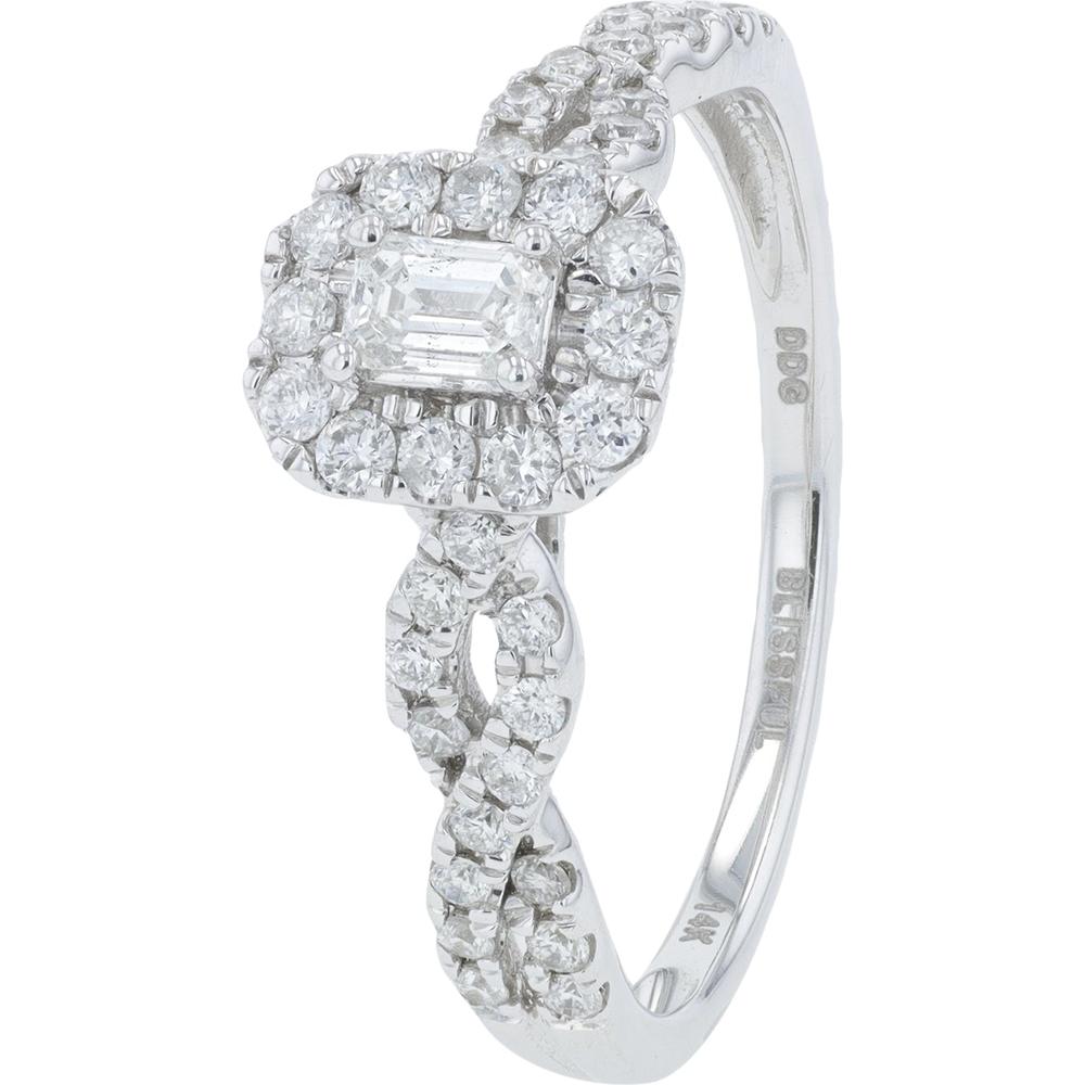 14K White Gold Emerald Cut Diamond Halo Engagement Ring - 1/6 Carat Total Diamond Weight