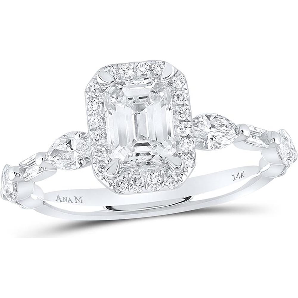 14K White Gold Emerald-Cut Diamond Halo Engagement Ring with Marquise and Baguette Diamond Accents - 1.75 Carat Total Diamond Weight