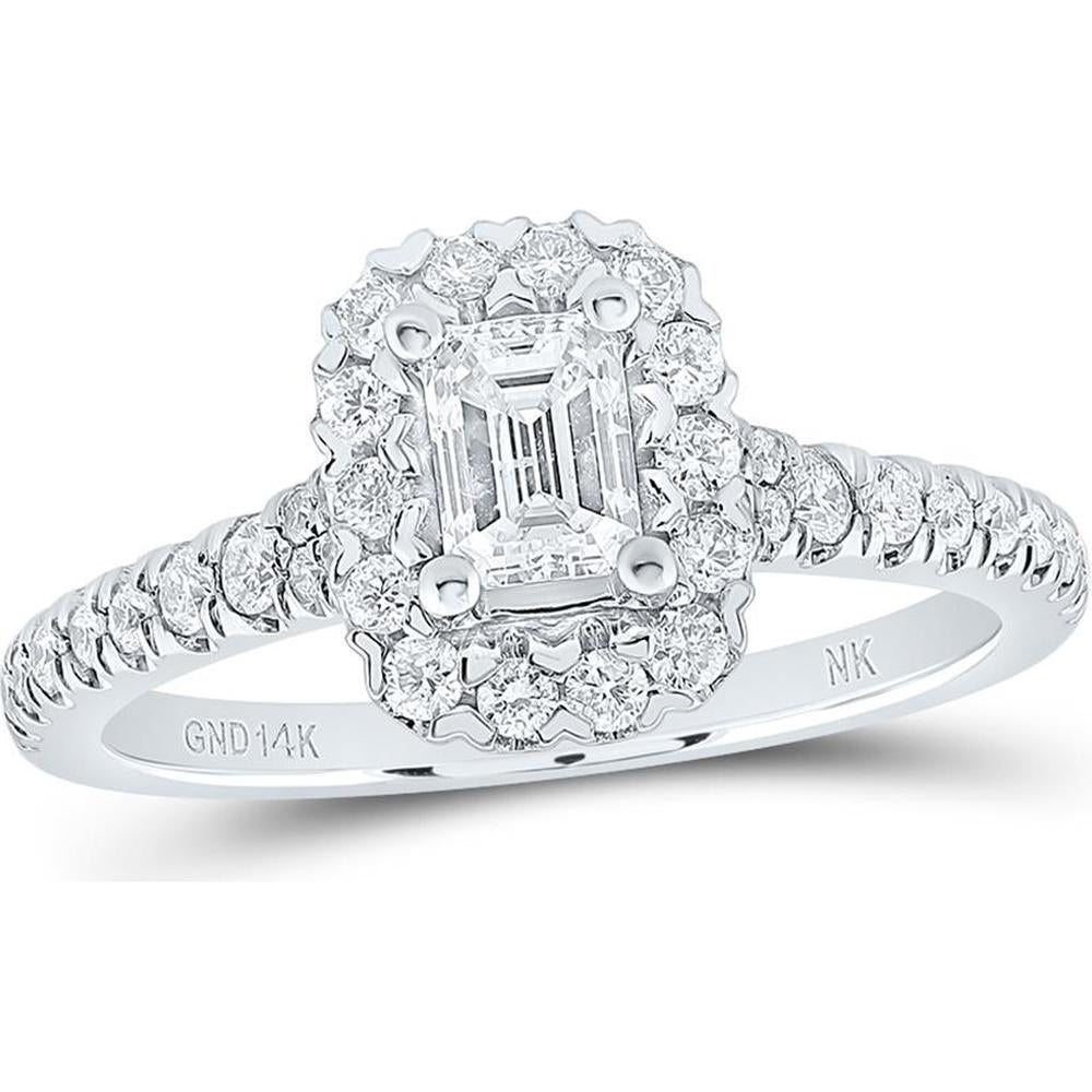 14K White Gold Emerald-Cut Diamond Halo Engagement Ring with Round Diamonds - 1.03 Carat Total Diamond Weight