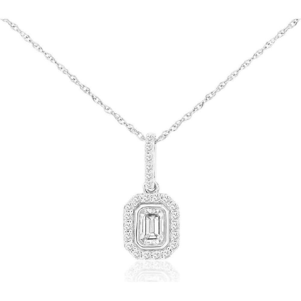 14K White Gold Emerald-Cut Diamond Halo Pendant Necklace with Diamond-Accented Bail - 0.30 Carat Total Diamond Weight - Royal Jewelry