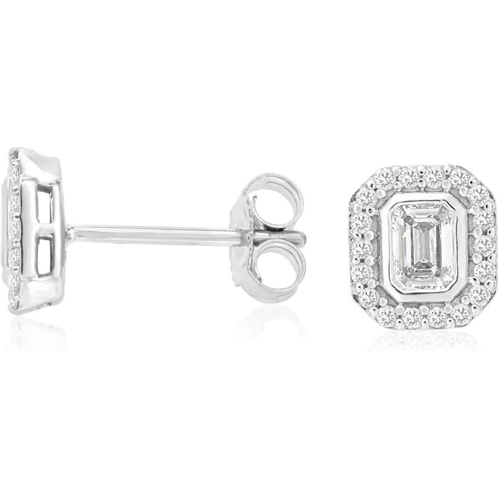 14K White Gold Emerald-Cut Diamond Halo Stud Earrings - 0.48 Carat Total Diamond Weight - Royal Jewelry