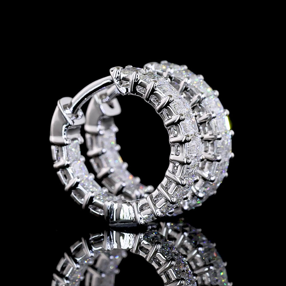 14K White Gold Emerald Cut Diamond Huggie Earrings - 1.47 Carat Total Weight, 28 Lab Grown Diamonds in Prong Setting, E-F Color VS Clarity - Covaloro Fine Jewelry