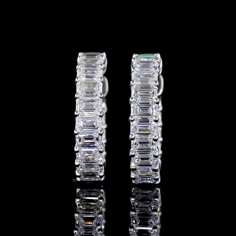 14K White Gold Emerald Cut Diamond Huggie Earrings - 1.47 Carat Total Weight, 28 Lab Grown Diamonds in Prong Setting, E-F Color VS Clarity - Covaloro Fine Jewelry