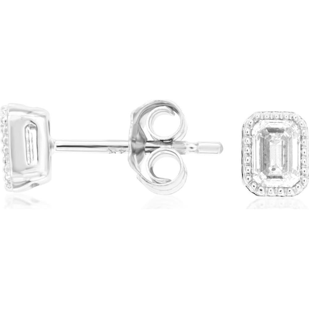 14K White Gold Emerald Cut Diamond Stud Earrings with Milgrain Detail – 0.50 Total Carat Weight - Royal Jewelry