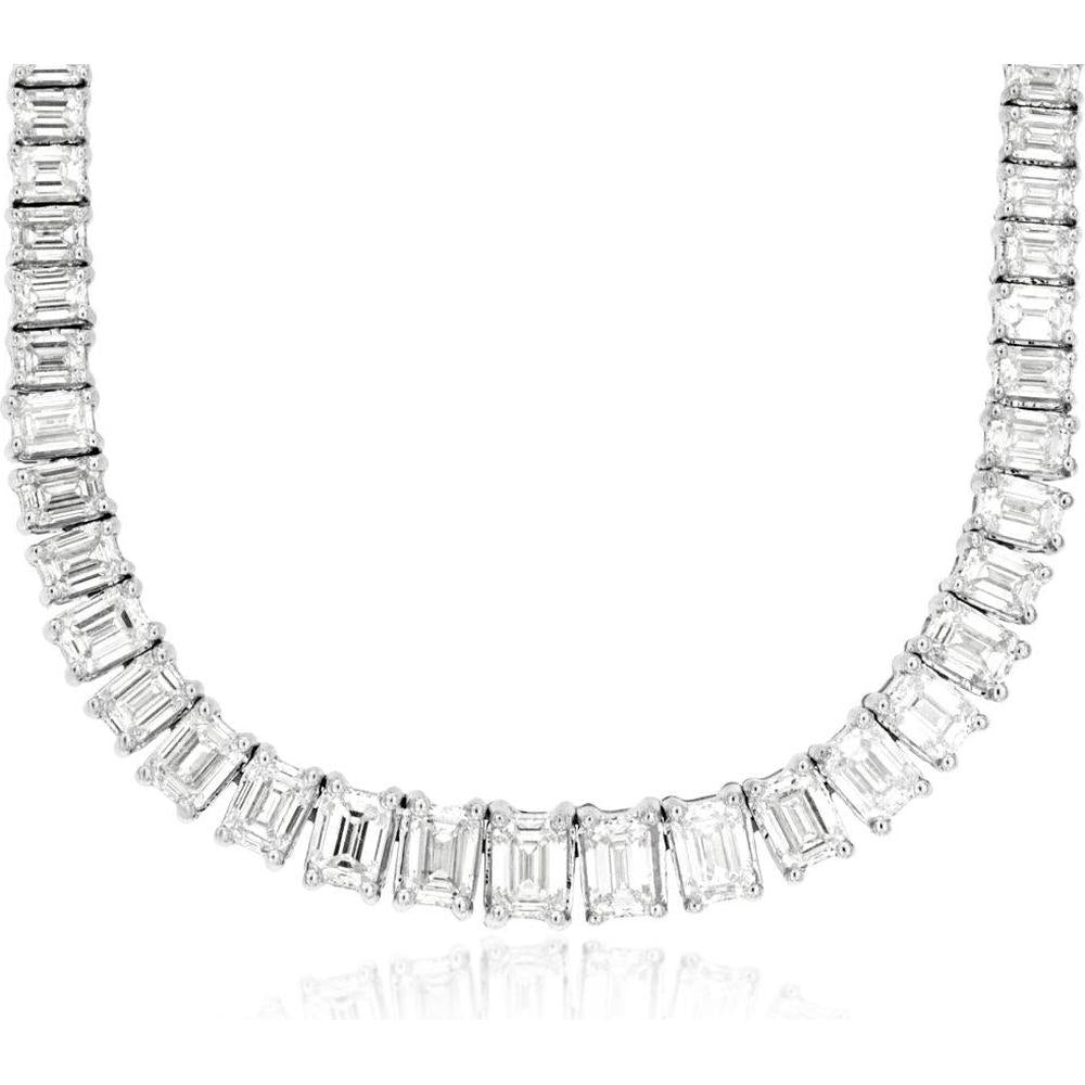 14K White Gold Emerald Cut Diamond Tennis Necklace - 17.3 Carat Total Diamond Weight - Royal Jewelry