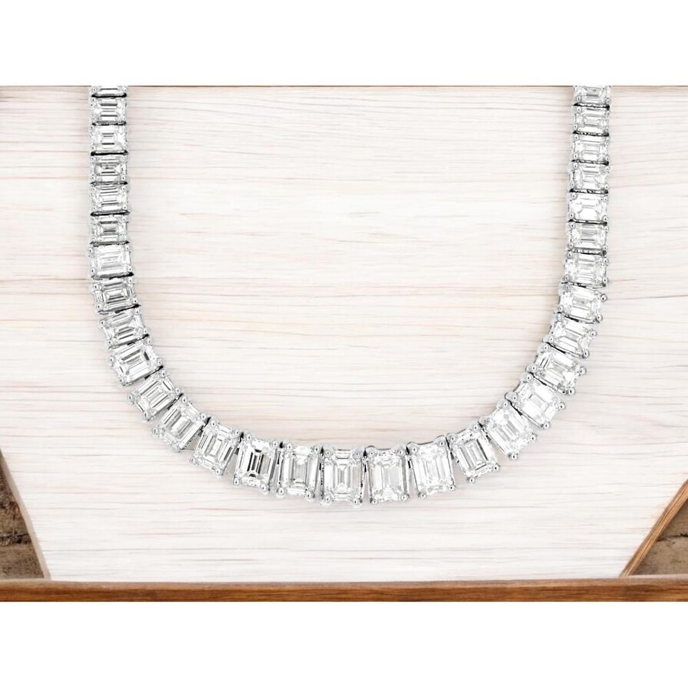 14K White Gold Emerald Cut Diamond Tennis Necklace - 17.3 Carat Total Diamond Weight - Royal Jewelry