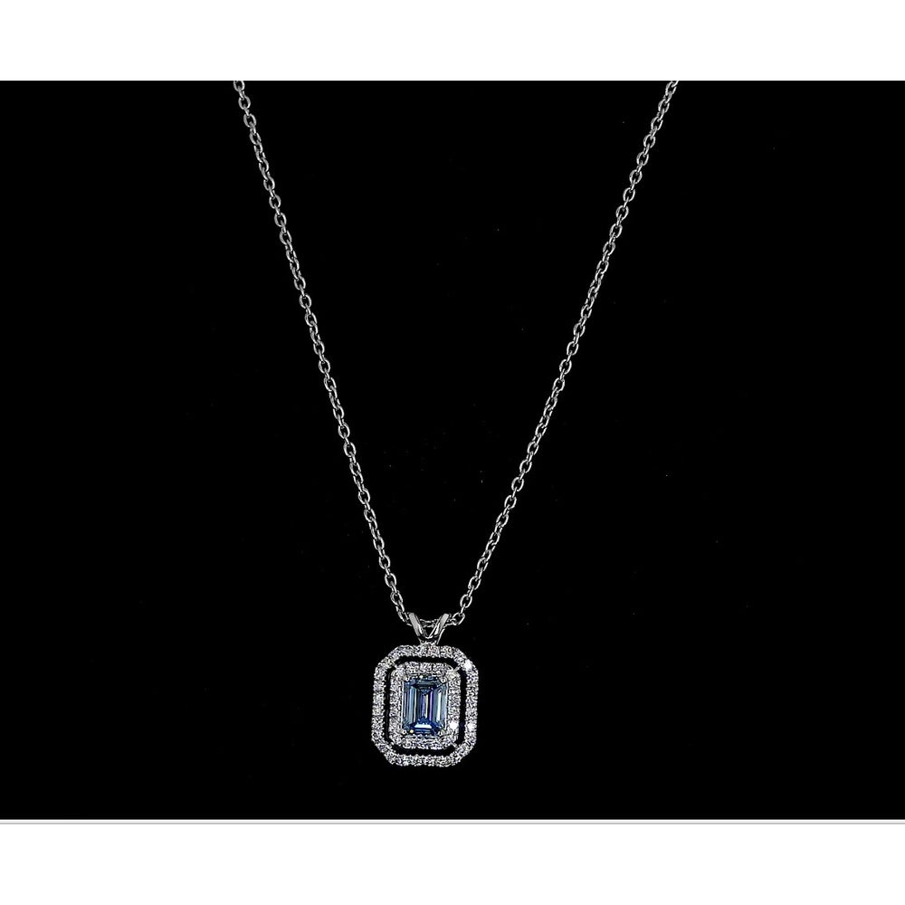 14K White Gold Emerald Cut Double Halo Pendant with Fancy Vivid Blue Lab Diamond and Round White Diamonds - 0.74 Carat Total Weight - Covaloro Fine Jewelry