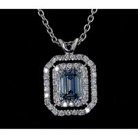 14K White Gold Emerald Cut Double Halo Pendant with Fancy Vivid Blue Lab Diamond and Round White Diamonds - 0.74 Carat Total Weight - Covaloro Fine Jewelry