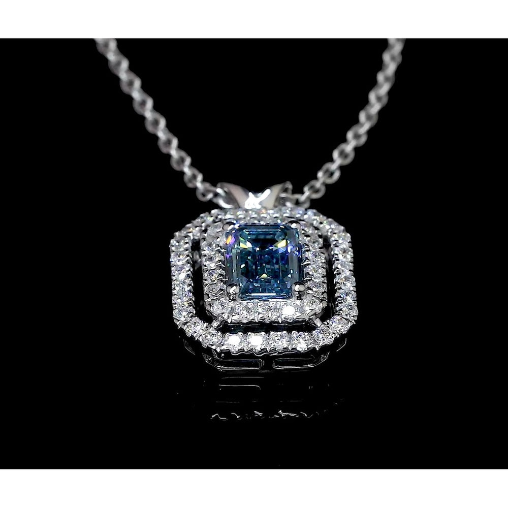 14K White Gold Emerald Cut Double Halo Pendant with Fancy Vivid Blue Lab Diamond and Round White Diamonds - 0.74 Carat Total Weight - Covaloro Fine Jewelry