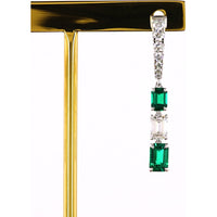 14K White Gold Emerald Cut Drop Earrings with Alternating Green Lab Emeralds and Diamond Accents - 1.36 Carat Total Weight - Covaloro Fine Jewelry