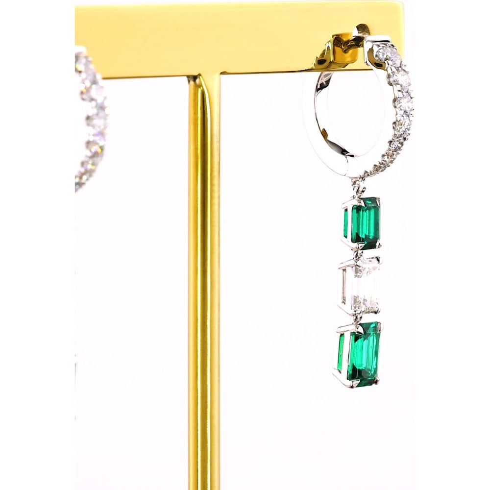 14K White Gold Emerald Cut Drop Earrings with Alternating Green Lab Emeralds and Diamond Accents - 1.36 Carat Total Weight - Covaloro Fine Jewelry