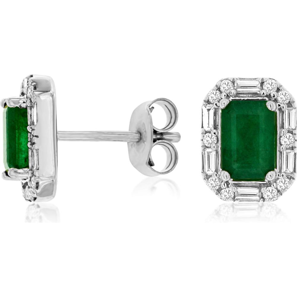 14K White Gold Emerald Cut Emerald and Diamond Halo Earrings with Round and Baguette Accents - 1.10 Carat Total Emerald Weight, 0.27 Carat Total Diamond Weight - Royal Jewelry