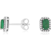 14K White Gold Emerald Cut Emerald and Diamond Halo Stud Earrings - 0.56 Carat Total Emerald Weight and 0.11 Carat Total Diamond Weight - Royal Jewelry