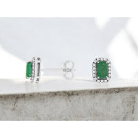 14K White Gold Emerald Cut Emerald and Diamond Halo Stud Earrings - 0.56 Carat Total Emerald Weight and 0.11 Carat Total Diamond Weight - Royal Jewelry