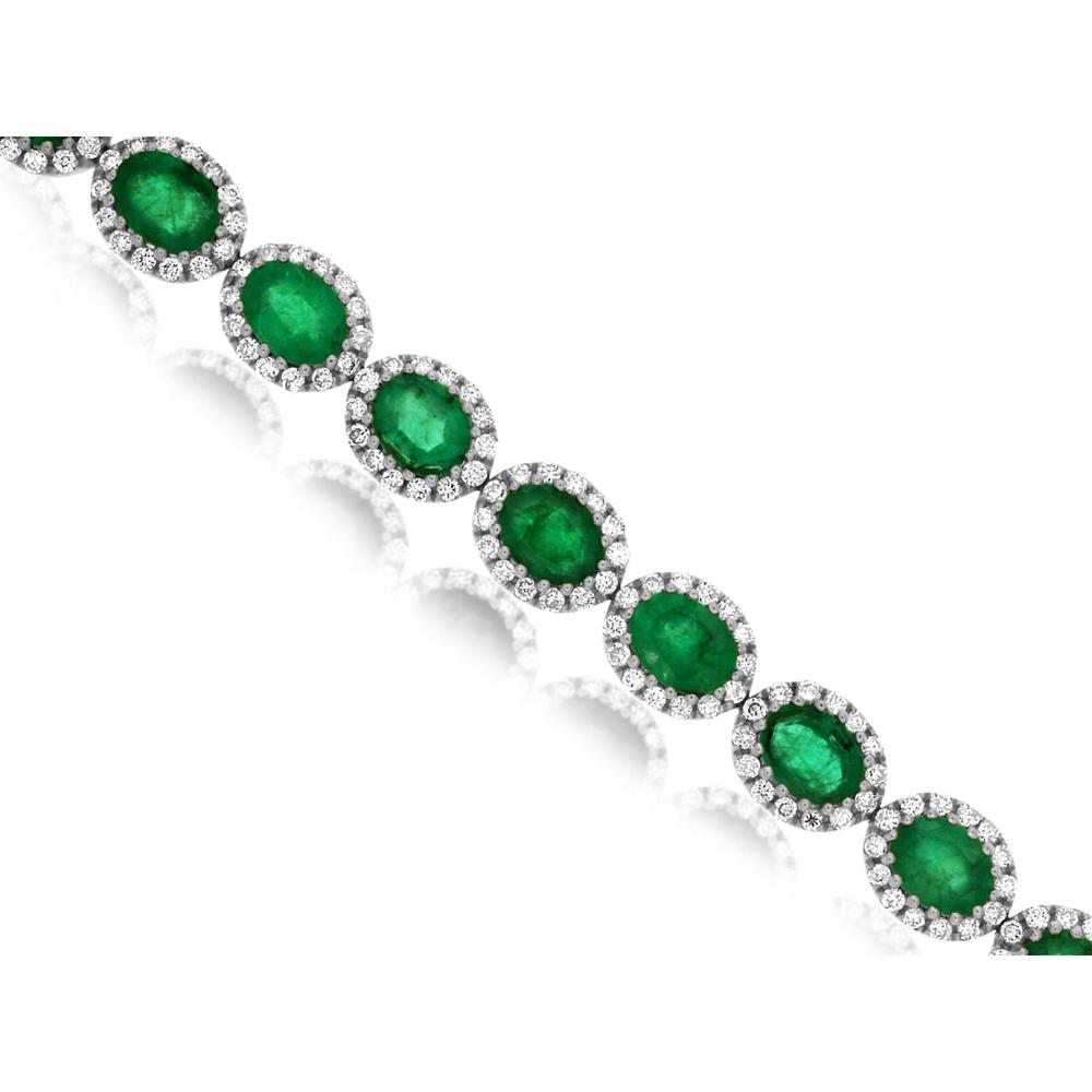 14K White Gold Emerald-Cut Emerald and Diamond Halo Tennis Bracelet - 5.00 Carat Total Emerald Weight and 1.20 Carat Total Diamond Weight - Royal Jewelry