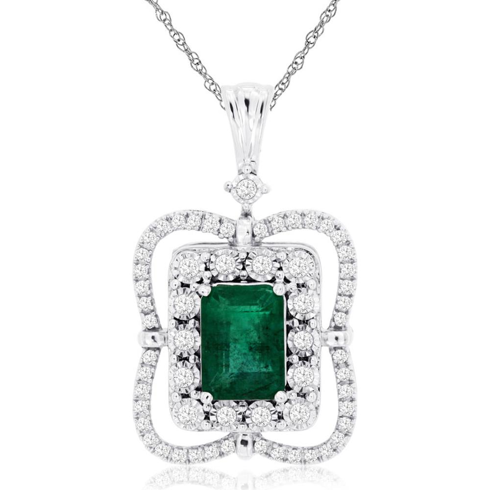 14K White Gold Emerald Cut Emerald Pendant with Diamond Halo and Outer Frame - 1.00 Carat Emerald & 0.25 Carat Diamond Total Weight - Royal Jewelry