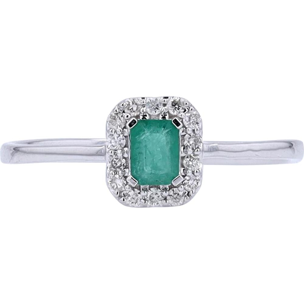 14K White Gold Emerald Cut Emerald Ring with 0.10 Carat Total Diamond Halo