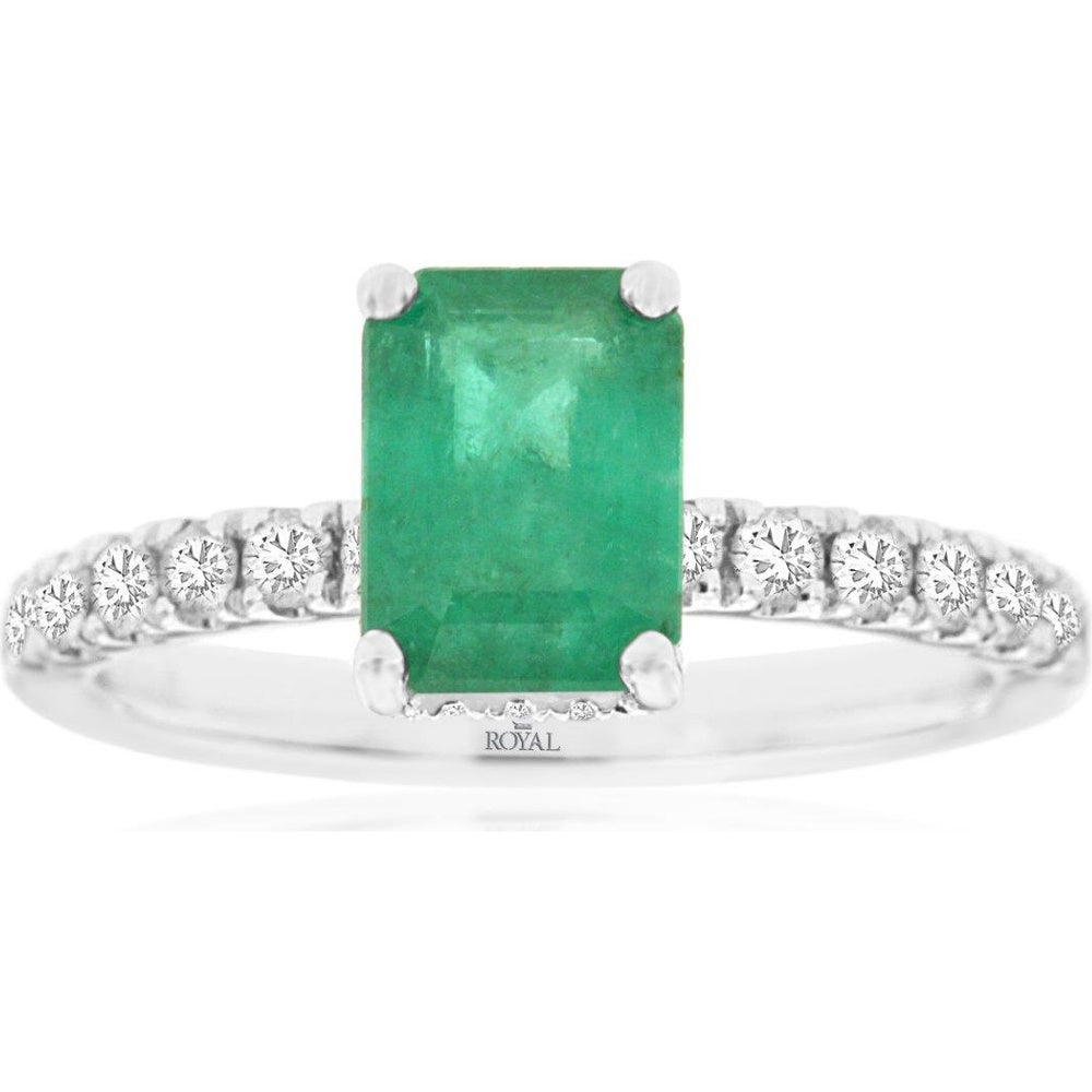 14K White Gold Emerald Cut Emerald Ring with Diamond Accented Band - 1.60 Carat Emerald and 0.50 Carat Total Diamond Weight - Royal Jewelry