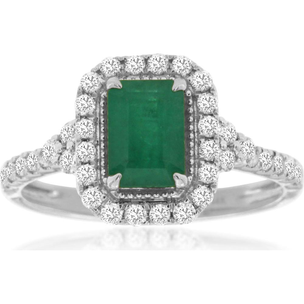 14K White Gold Emerald-Cut Emerald Ring with Diamond Halo - 1.46 Carats Total Gemstone Weight