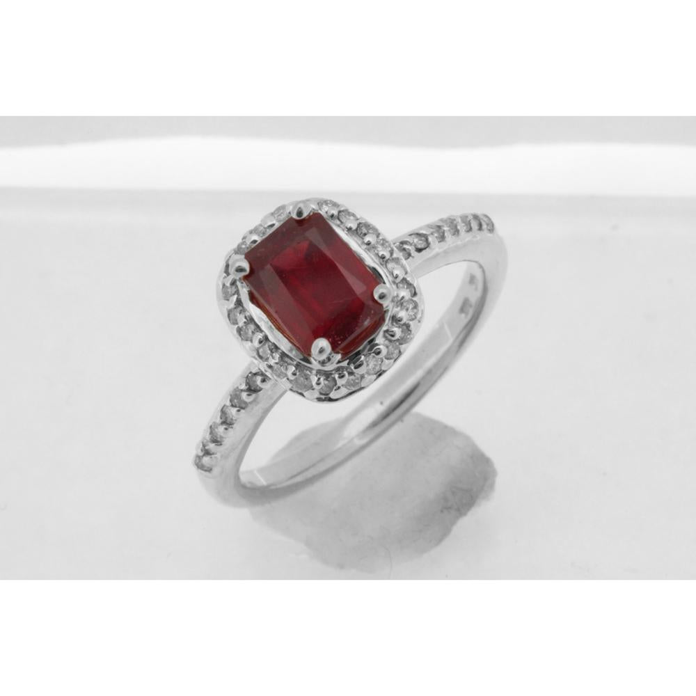 14K White Gold Emerald-Cut Glass Filled Ruby Ring with Diamond Halo and Accented Band - 1.10 Carat Ruby and 0.38 Carat Total Diamond Weight - Royal Jewelry