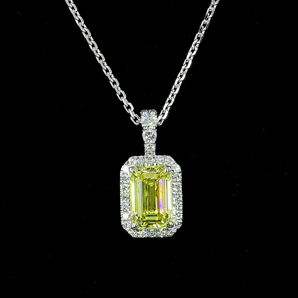 14K White Gold Emerald Cut Halo Pendant with Fancy Vivid Yellow Lab Diamond and Round Diamond Accents - 1.21 Carat Total Diamond Weight - Covaloro Fine Jewelry