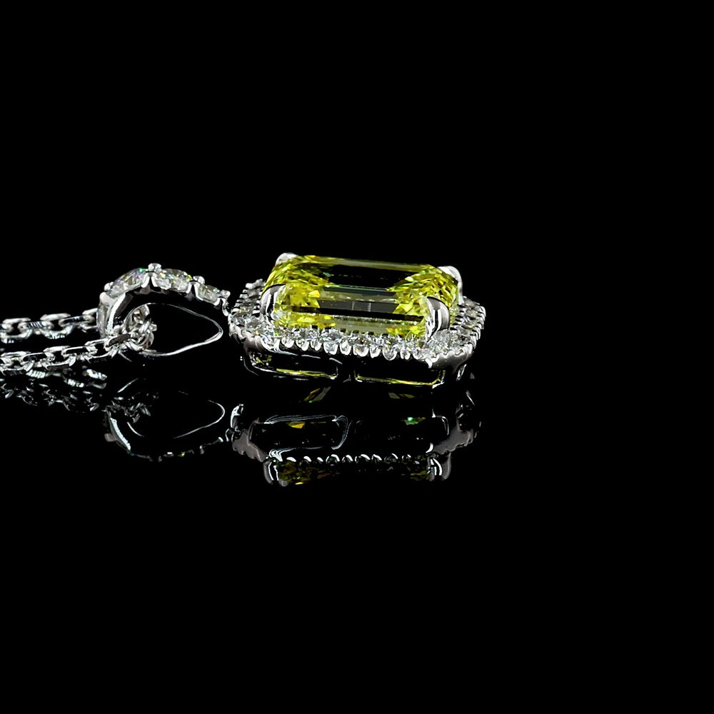 14K White Gold Emerald Cut Halo Pendant with Fancy Vivid Yellow Lab Diamond and Round Diamond Accents - 1.21 Carat Total Diamond Weight - Covaloro Fine Jewelry