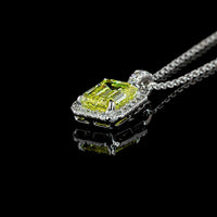 14K White Gold Emerald Cut Halo Pendant with Fancy Vivid Yellow Lab Diamond and Round Diamond Accents - 1.21 Carat Total Diamond Weight - Covaloro Fine Jewelry