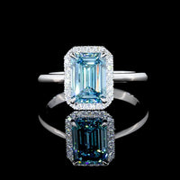 14K White Gold Emerald Cut Halo Ring with Fancy Vivid Blue Lab Diamond - 1.94 Carats Total Diamond Weight - Covaloro Fine Jewelry