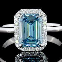 14K White Gold Emerald Cut Halo Ring with Fancy Vivid Blue Lab Diamond - 1.94 Carats Total Diamond Weight - Covaloro Fine Jewelry