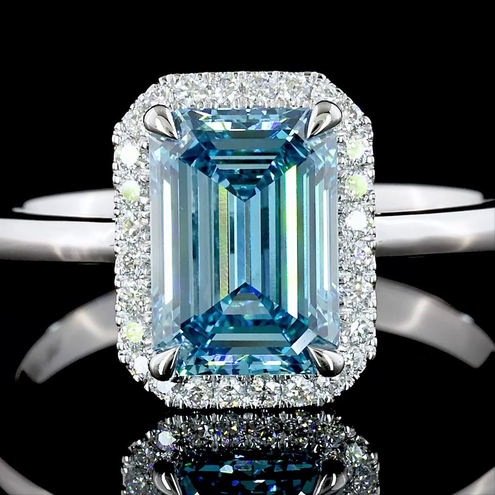 14K White Gold Emerald Cut Halo Ring with Fancy Vivid Blue Lab Diamond - 1.94 Carats Total Diamond Weight - Covaloro Fine Jewelry