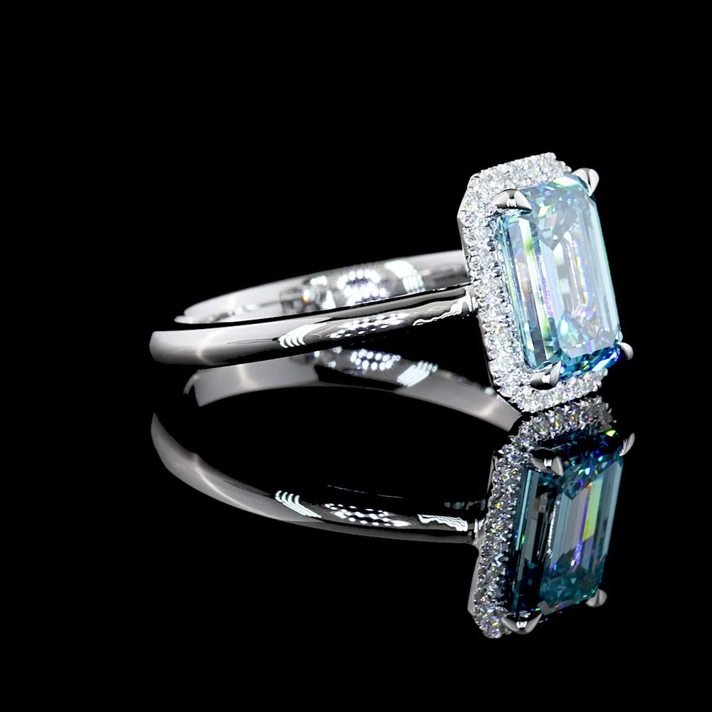 14K White Gold Emerald Cut Halo Ring with Fancy Vivid Blue Lab Diamond - 1.94 Carats Total Diamond Weight - Covaloro Fine Jewelry