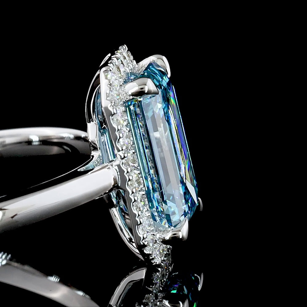 14K White Gold Emerald Cut Halo Ring with Fancy Vivid Blue Lab Diamond - 1.94 Carats Total Diamond Weight - Covaloro Fine Jewelry