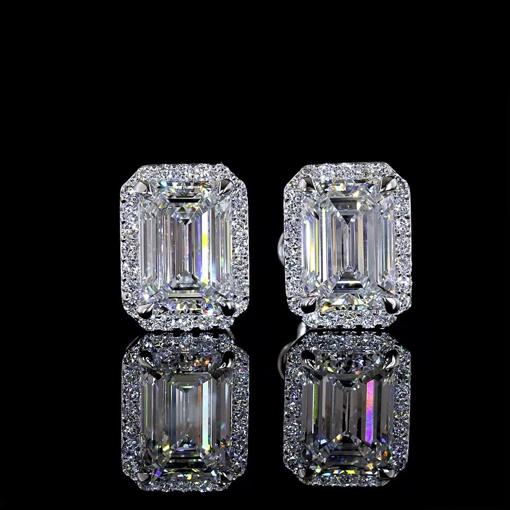 14K White Gold Emerald Cut Halo Stud Earrings with Lab Diamonds - 2.75 Carat Total Diamond Weight - Covaloro Fine Jewelry