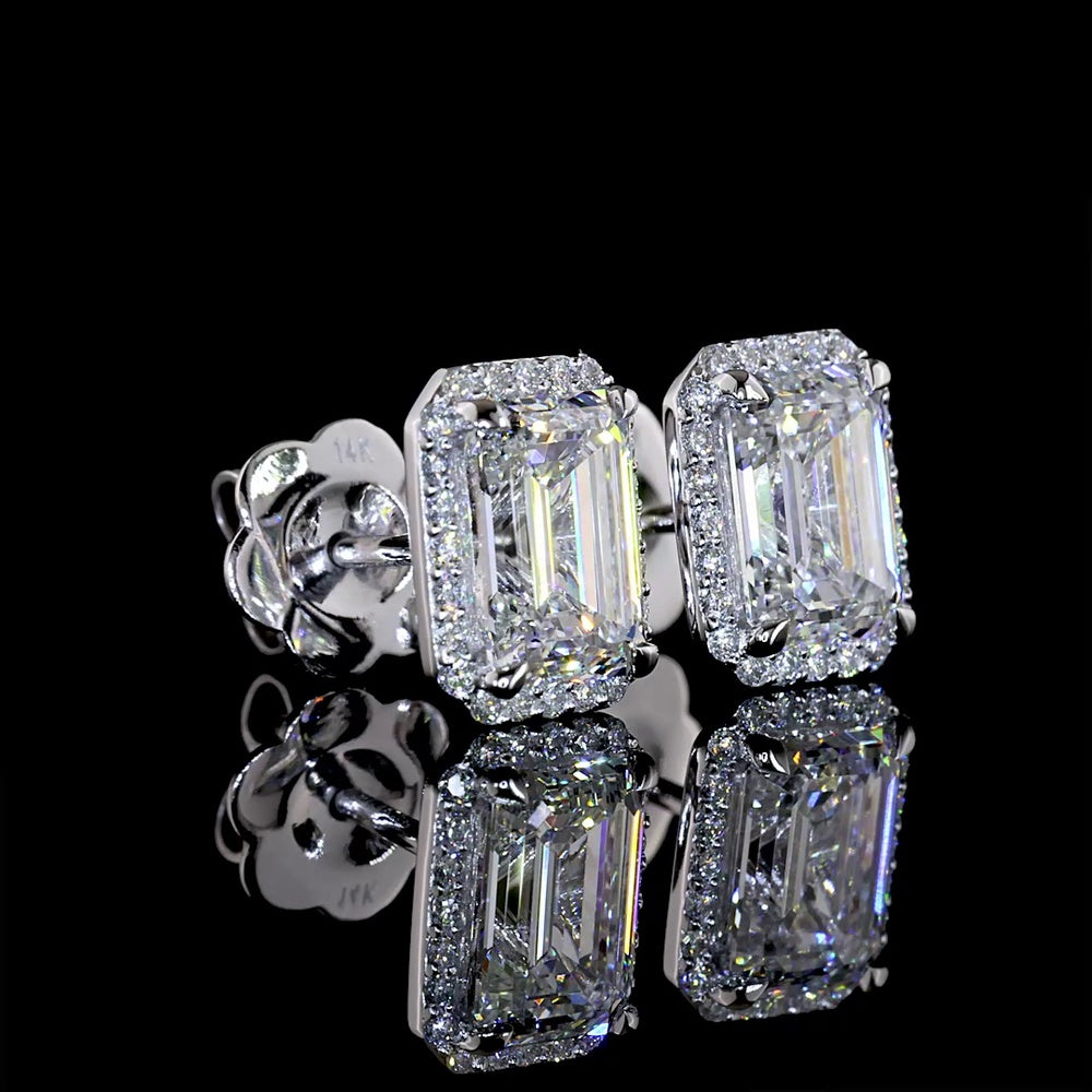 14K White Gold Emerald Cut Halo Stud Earrings with Lab Diamonds - 2.75 Carat Total Diamond Weight - Covaloro Fine Jewelry