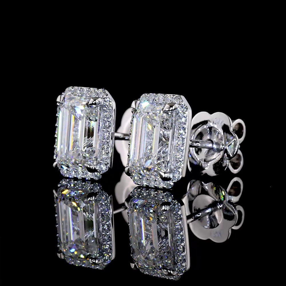 14K White Gold Emerald Cut Halo Stud Earrings with Lab Diamonds - 2.75 Carat Total Diamond Weight - Covaloro Fine Jewelry