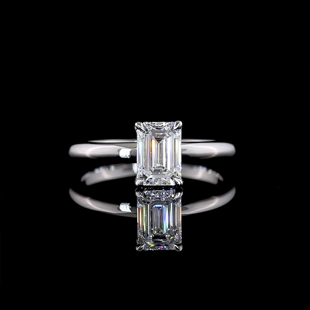 14K White Gold Emerald Cut Hidden Halo Ring with 1.01 Carat Lab Grown D VVS2 Center Diamond and 0.04 Carat Brilliant Cut Accent Diamonds - 1.05 Carat Total Diamond Weight - Covaloro Fine Jewelry