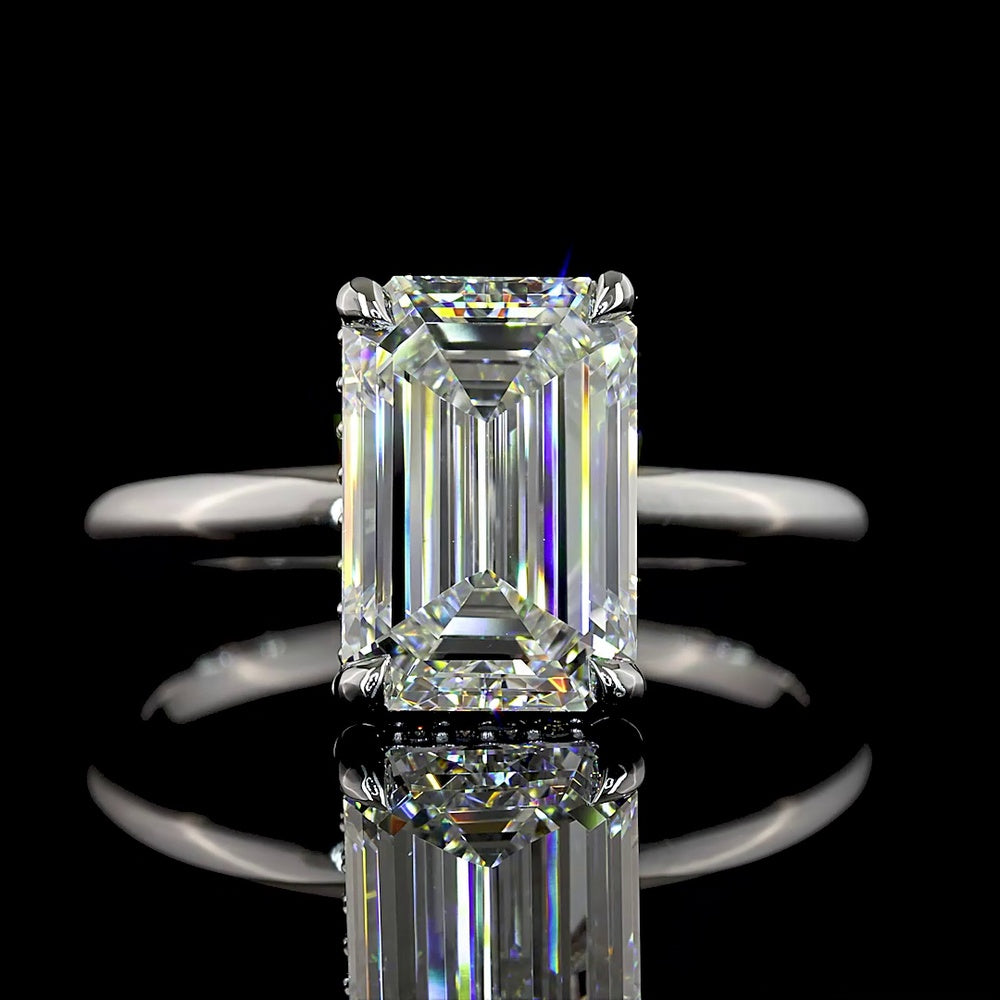 14K White Gold Emerald Cut Hidden Halo Ring with 3.00 Carat Lab Diamond Center and 22 Brilliant Cut Accent Stones - 3.09 Total Carat Weight, IGI Certified - Covaloro Fine Jewelry
