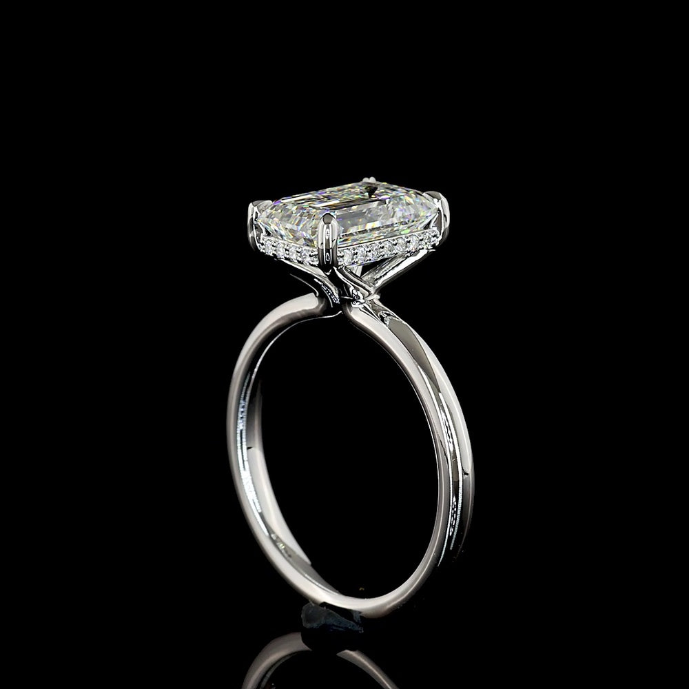 14K White Gold Emerald Cut Hidden Halo Ring with 3.00 Carat Lab Diamond Center and 22 Brilliant Cut Accent Stones - 3.09 Total Carat Weight, IGI Certified - Covaloro Fine Jewelry