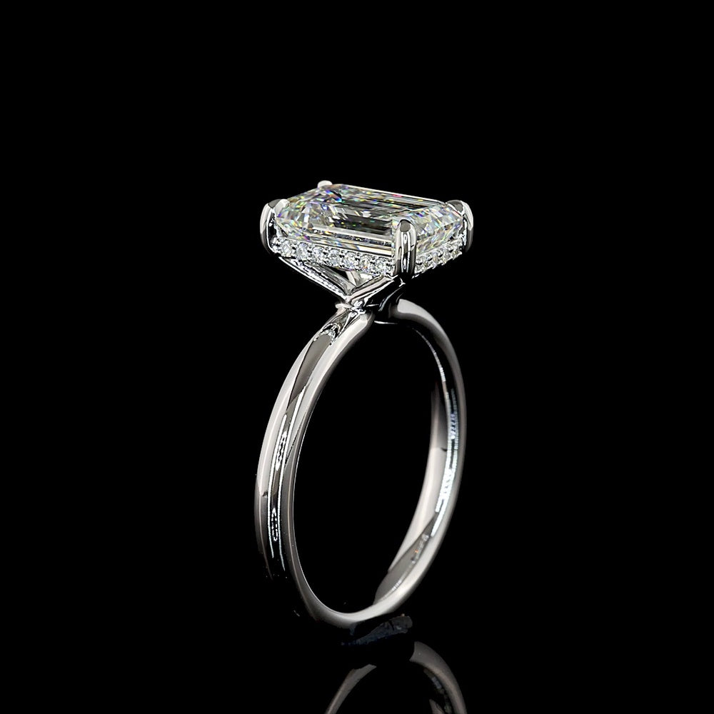 14K White Gold Emerald Cut Hidden Halo Ring with 3.00 Carat Lab Diamond Center and 22 Brilliant Cut Accent Stones - 3.09 Total Carat Weight, IGI Certified - Covaloro Fine Jewelry