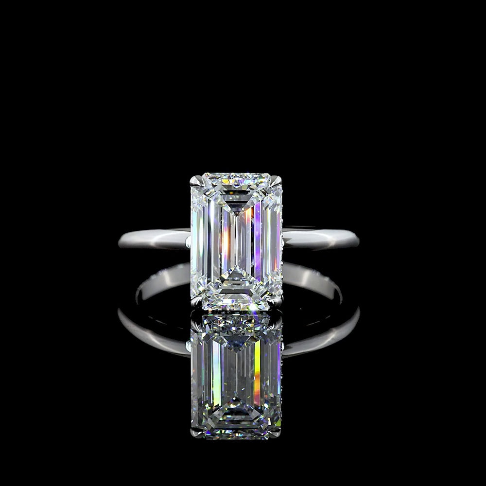 14K White Gold Emerald Cut Hidden Halo Ring with 3.08 Carat Lab Grown Diamond and 0.11 Carat Brilliant Cut Accents - IGI Certified E VVS2 - Covaloro Fine Jewelry