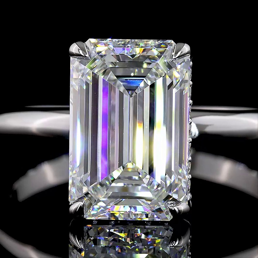 14K White Gold Emerald Cut Hidden Halo Ring with 3.08 Carat Lab Grown Diamond and 0.11 Carat Brilliant Cut Accents - IGI Certified E VVS2 - Covaloro Fine Jewelry